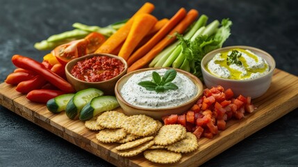 A vibrant platter of fresh vegetables, dips, and crackers, ideal for healthy snacking or entertaining guests.
