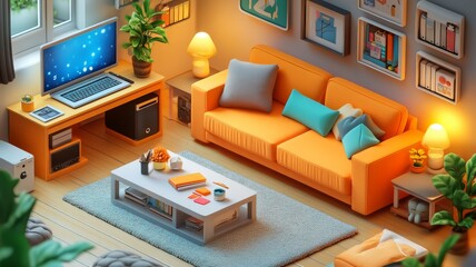 Cozy living room with orange couch, computer setup, and warm lighting.