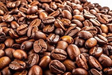 Naklejka premium Panoramic View of Coffee Beans Scattered on White Background