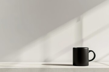 Black coffee mug on white table with strong sunlight and shadows