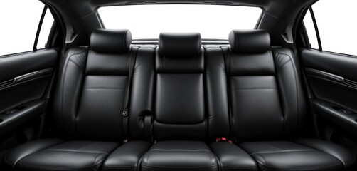 Black leather interior of a car showing the back seats of a modern vehicle