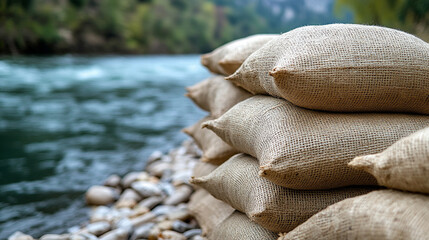 Sandbags lined along a riverbank representing flood resilience and water mitigation efforts in a modern, minimalistic scene with bright tones and empty caption space

