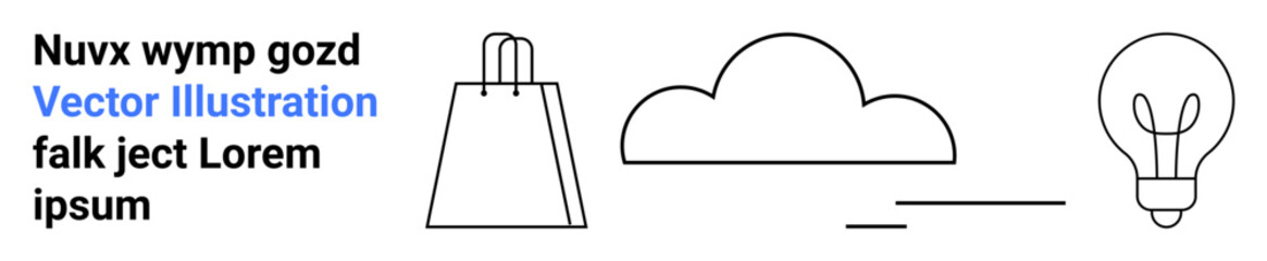 Shopping bag, cloud, and light bulb depicted in minimalist line art style. Ideal for e-commerce, cloud computing, innovation, technology, retail brainstorming web design. Landing page
