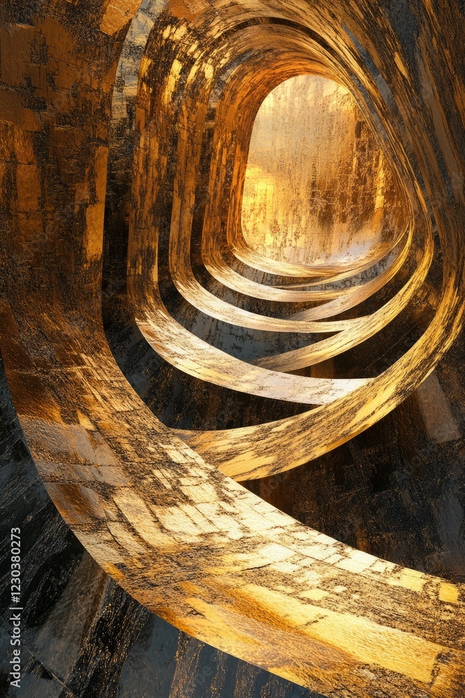 Poster a captivating abstract image of a golden tunnel with textured surfaces and dynamic lighting, evoking
