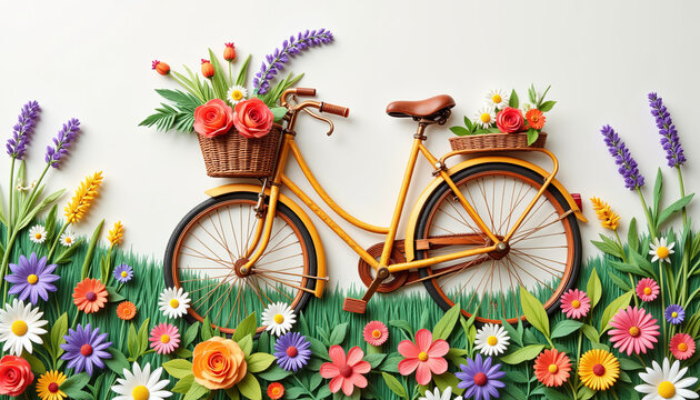 Colorful quilling art of bicycle with flowers in vibrant garden, creativity