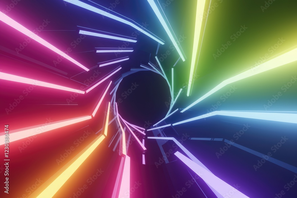 Poster abstract neon lights converge into a vibrant, colorful tunnel creating a dynamic and energetic visua