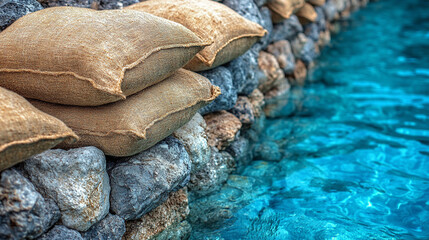 Sandbags lined along a riverbank representing flood resilience and water mitigation efforts in a modern, minimalistic scene with bright tones and empty caption space

