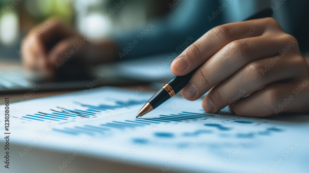 Poster analyzing the data: a close-up image of a hand meticulously analyzing financial data with a pen, cap