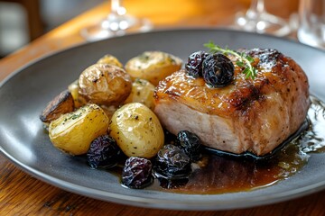 Glazed pork roast with prunes and roasted potatoes on rustic table