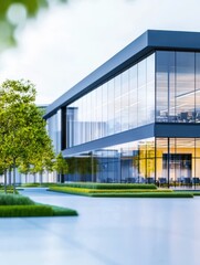 Obraz premium A modern glass office building surrounded by greenery, showcasing sleek architecture and an inviting outdoor space.