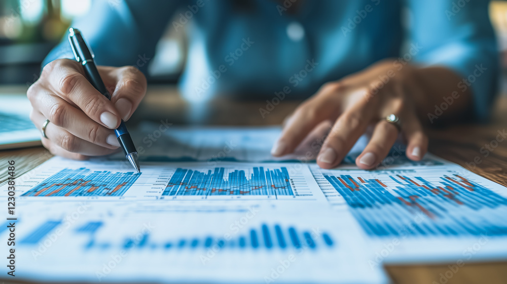 Poster analyzing data: a close-up image of a businesswoman's hands analyzing a spreadsheet filled with deta