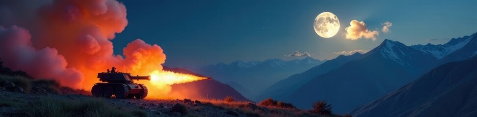 Fototapeta premium Firing artillery in the mountains with a full moon, smoke, sky