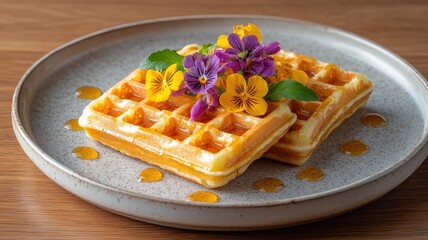 International waffle day with celebration and recipe idea. Delicious waffles topped with edible flowers and syrup.