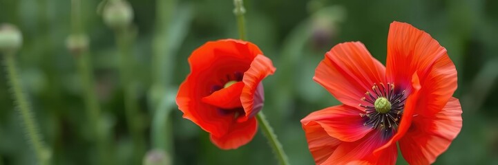 Fototapeta premium Red poppy flower with a few stray petals, petals, soft focus