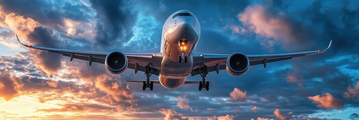 Airplane in flight against a dramatic sky during sunset with clouds and warm colors