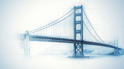 Fototapeta premium Blue Sketch of Suspension Bridge: An artistic sketch rendering of a majestic suspension bridge, depicted in shades of blue, evokes a sense of calm and grandeur.