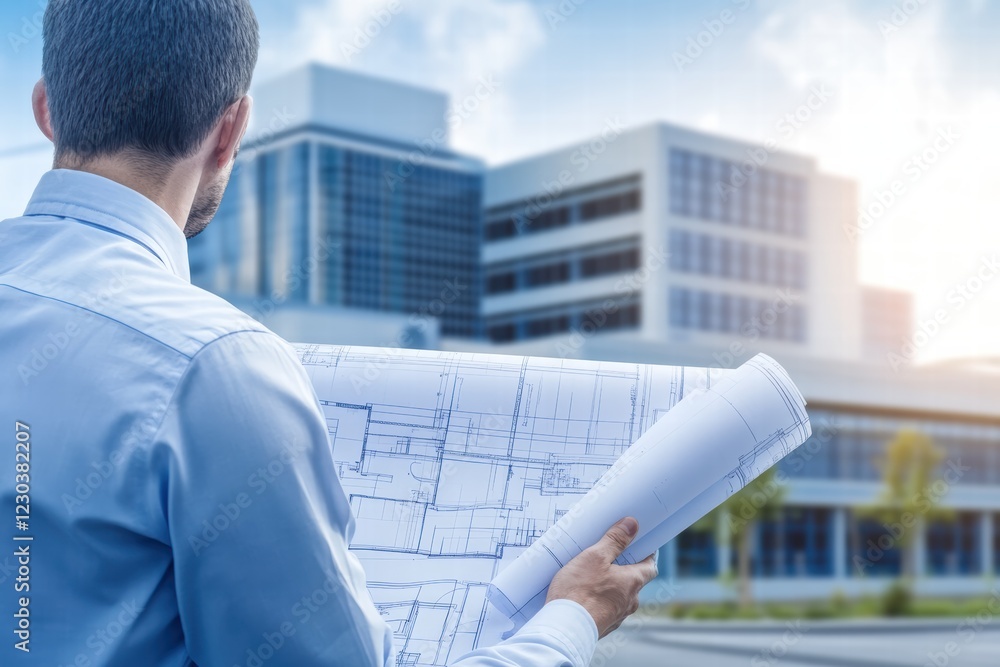 Poster architect reviewing blueprints in front of modern building during daytime