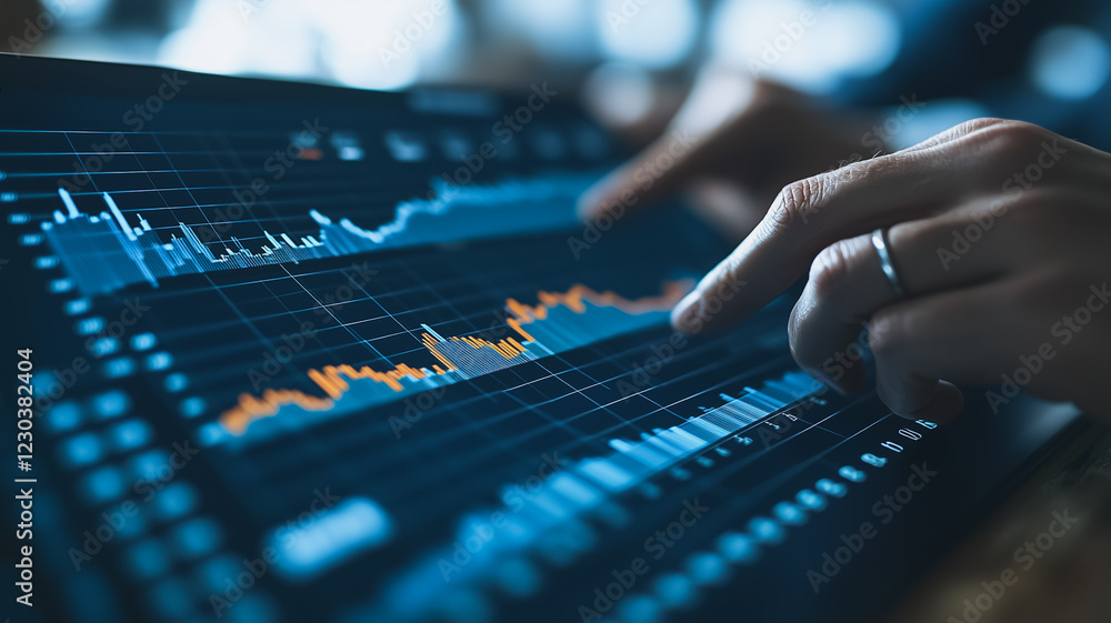 Poster analyzing financial data: close-up shot of hands interacting with a tablet displaying complex financ