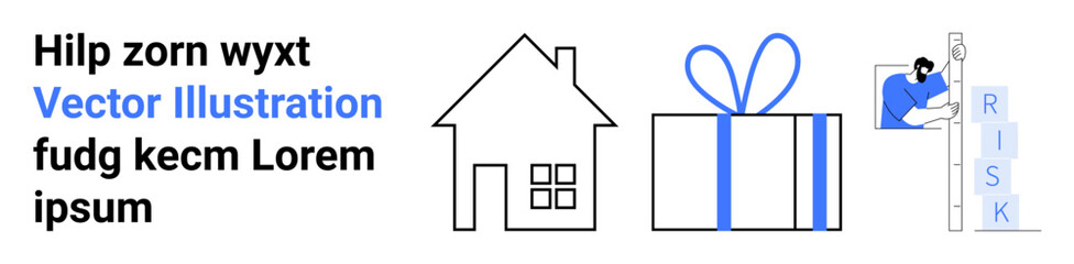 House outline, gift box with bow, person climbing risk ladder next to placeholder text and vector illustration. Ideal for home ownership, gifts, risk management, and creative projects. Landing page