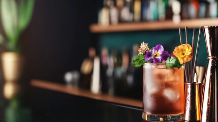 Naklejka premium A beautifully garnished cocktail sits on a bar, showcasing vibrant flowers and a backdrop of assorted bottles.
