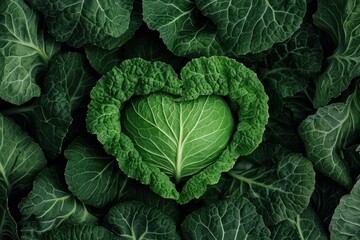 Fresh Cabbage Heart Forming a Heart Shape Surrounded by Green Leaves