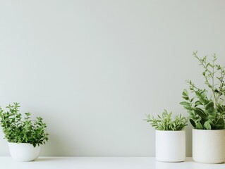 A serene arrangement of potted plants on a minimalist shelf against a soft, light-colored wall, enhancing a calming atmosphere.