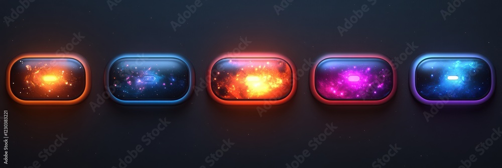 Poster colorful buttons for mobile applications displayed with vibrant cosmic backgrounds