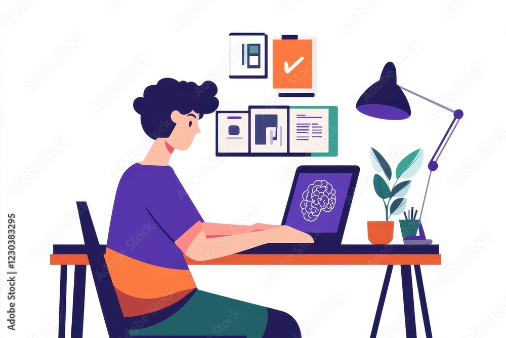 Poster person prompting on laptop with brain of ai machine learning artificial intelligence of technology .
