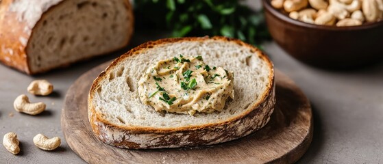 A slice of bread topped with a creamy spread and garnished with herbs, accompanied by nuts, creating a rustic and appetizing snack.