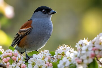 Close-up of a bird perched on a flowering branch during springtime
