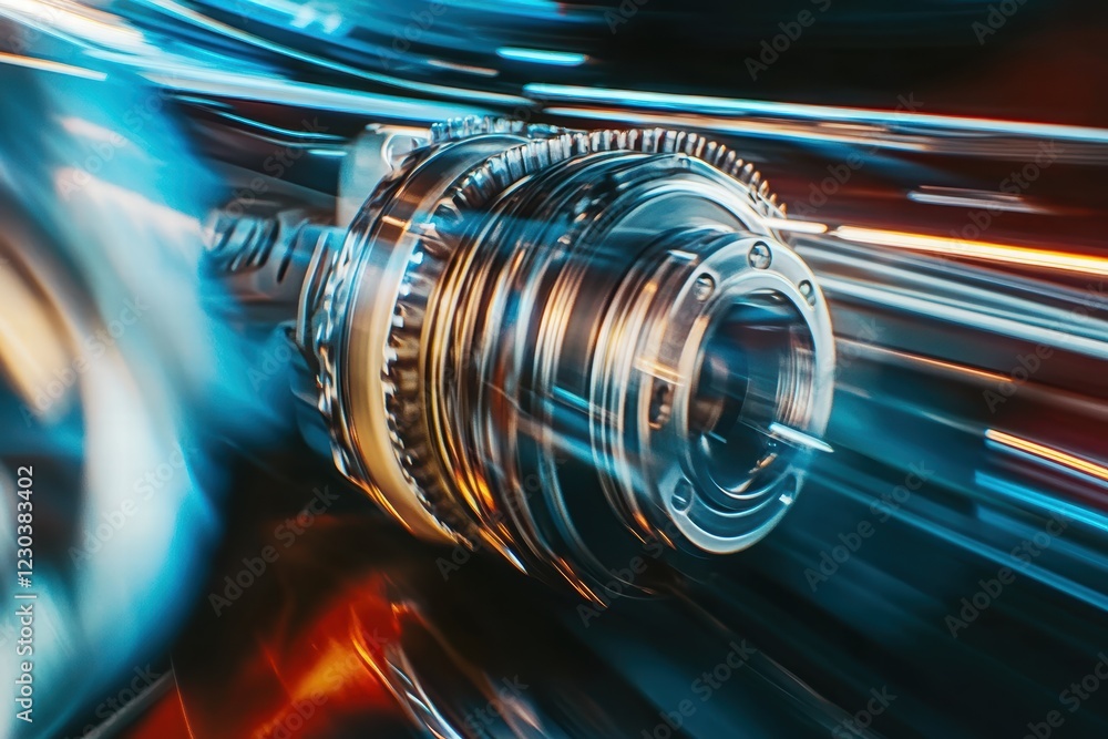 Poster close-up view of automatic gears moving rapidly highlighting mechanical engineering detail