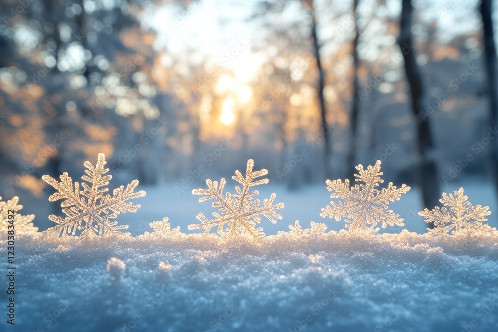 Poster close-up view of delicate snowflakes resting on glass while light filters through blurred trees