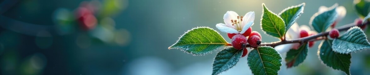 Frosty holly branch with delicate white blooms, frost, evergreen, nature