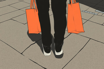 Fototapeta premium A person is holding two orange bags on a sidewalk