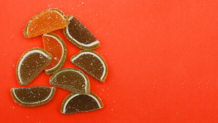 Slices of marmalade, gelatin, top view, close-up.