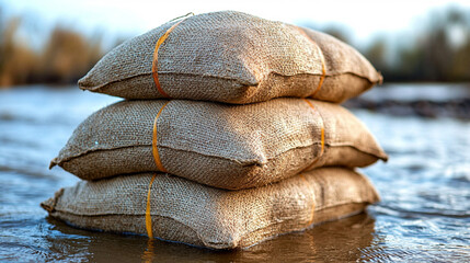 Sandbags lined along a riverbank representing flood resilience and water mitigation efforts in a modern, minimalistic scene with bright tones and empty caption space

