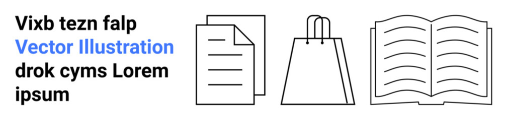 Documents, shopping bag, and open book icons with placeholder text. Ideal for office, retail, education themes, digital marketing, website design user interface infographic creations. Landing page