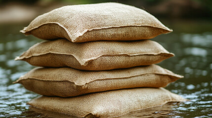 Sandbags lined along a riverbank representing flood resilience and water mitigation efforts in a modern, minimalistic scene with bright tones and empty caption space

