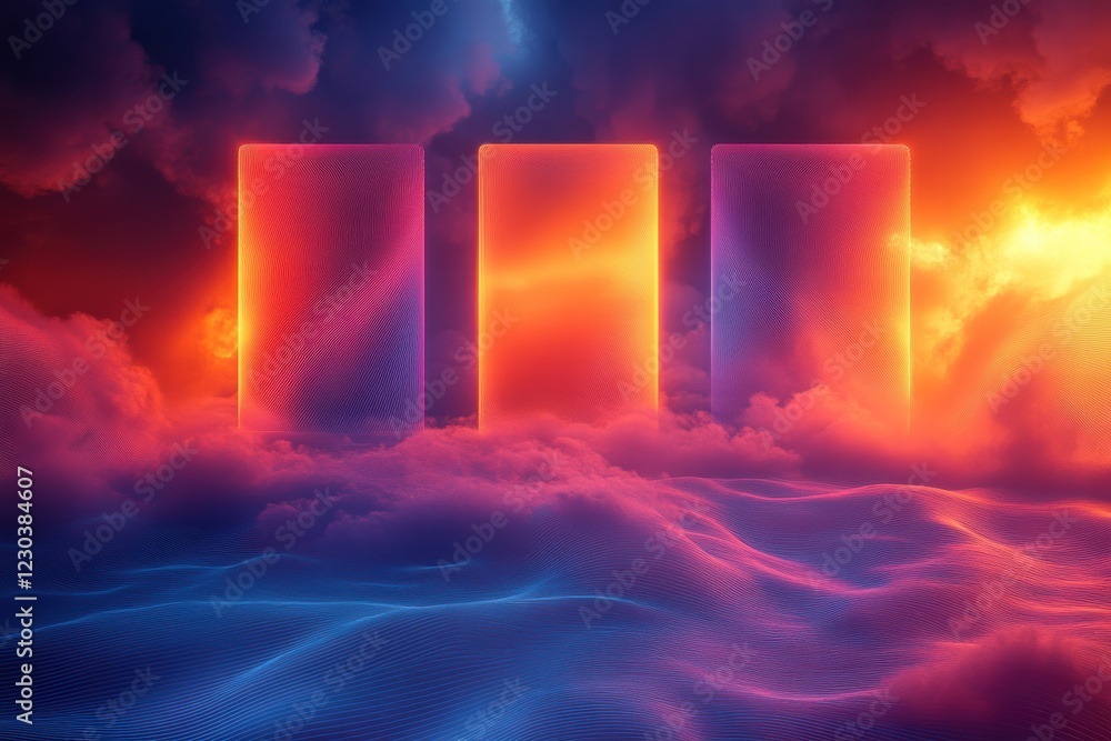 Poster visual representation of ethereal frames against a surreal cloud backdrop during twilight