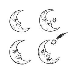 Vector set of hand-drawn illustrations of crescent. Funny cartoon character. Comic about the moon and star.