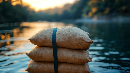 Sandbags lined along a riverbank representing flood resilience and water mitigation efforts in a modern, minimalistic scene with bright tones and empty caption space


