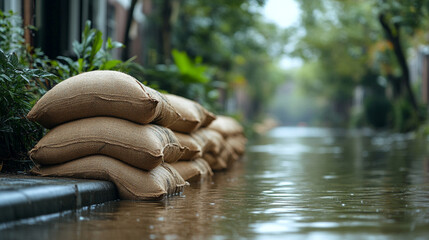 Sandbags lined along a riverbank representing flood resilience and water mitigation efforts in a modern, minimalistic scene with bright tones and empty caption space

