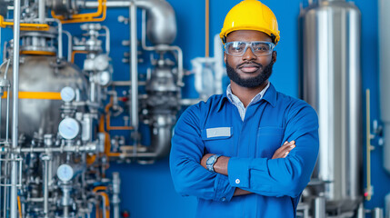 Confident Industrial Worker: A portrait of a skilled and confident industrial worker, standing with arms crossed in front of a complex machinery backdrop,  emphasizing professionalism, competence.