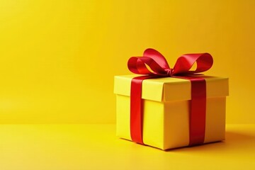 Obraz premium Luxurious gift box wrapped in crimson ribbon against a sunny background, wrapping paper, yellow background