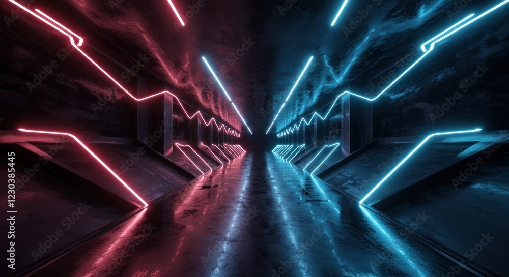 Poster futuristic corridor with red and blue neon lights creating a dynamic perspective