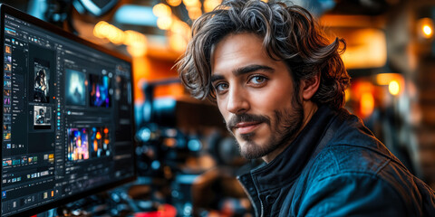 Fototapeta premium AI-Enhanced Creative Professional Using Advanced Editing Software on Laptop for Innovative Content Creation