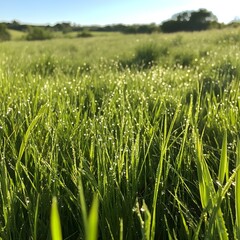 Obraz premium Bright green grass with dew drops glistening in sunlight.