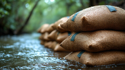 Sandbags lined along a riverbank representing flood resilience and water mitigation efforts in a modern, minimalistic scene with bright tones and empty caption space

