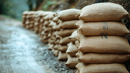 Sandbags lined along a riverbank representing flood resilience and water mitigation efforts in a modern, minimalistic scene with bright tones and empty caption space

