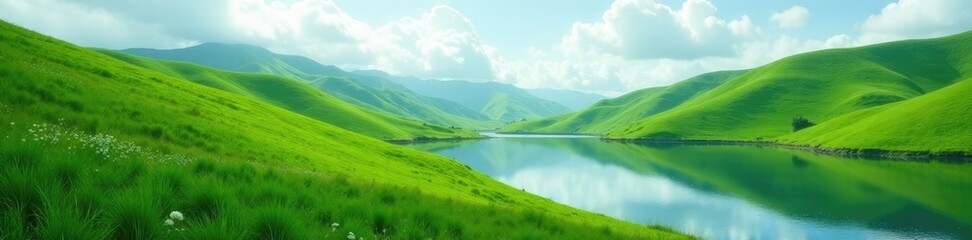 Obraz premium Rolling hills of emerald green slope down to a serene lake, serenity, gentle, peaceful